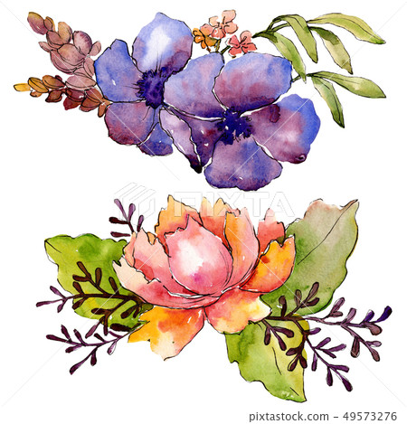 Blue purple bouquet floral botanical flowers. Watercolor background set. Isolated bouquets 49573276
