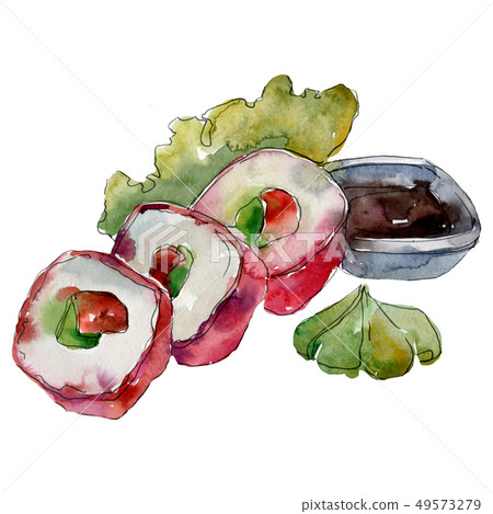 Watercolor sushi set of beautiful tasty japanese food illustration. Hand drawn objects isolated on Watercolor sushi set of beautiful tasty japanese food illustration. Hand drawn objects isolated on 49573279