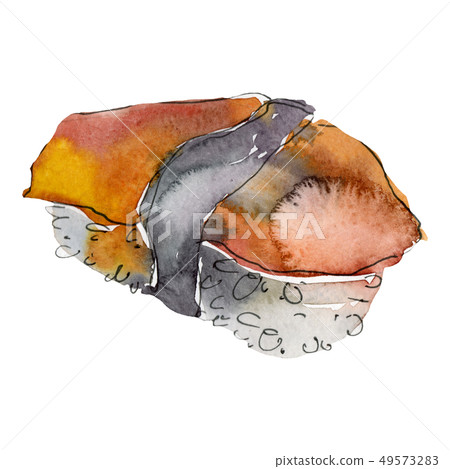 Watercolor sushi set of beautiful tasty japanese food illustration. Hand drawn objects isolated on Watercolor sushi set of beautiful tasty japanese food illustration. Hand drawn objects isolated on 49573283