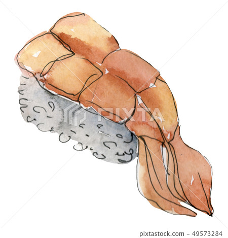 Watercolor sushi set of beautiful tasty japanese food illustration. Hand drawn objects isolated on Watercolor sushi set of beautiful tasty japanese food illustration. Hand drawn objects isolated on 49573284