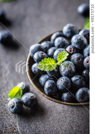 Vintage bowl full of fresh blueberries with herbs. Vintage bowl full of fresh blueberries with herbs. 49573710