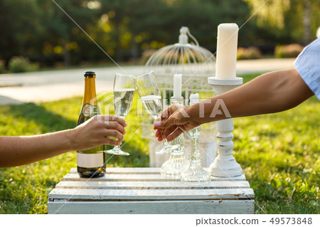 Women cheers glasses with champagne on sunny green Women cheers glasses with champagne on sunny green 49573848