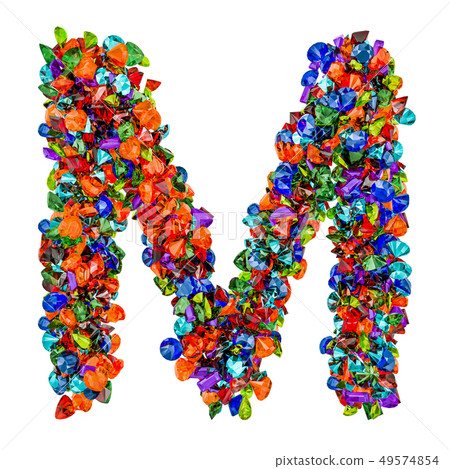 Letter M from colored gemstones. 3D rendering Letter M from colored gemstones. 3D rendering 49574854