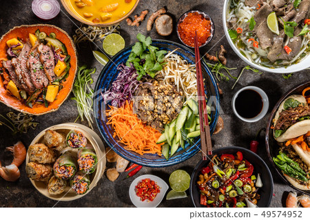 Top view composition of various Asian food in bowl Top view composition of various Asian food in bowl 49574952