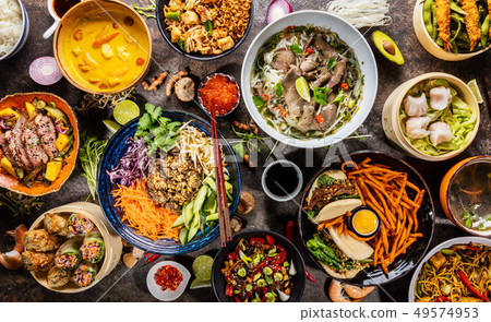 Top view composition of various Asian food in bowl 49574953