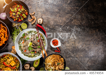 Top view composition of various Asian food in bowl 49574954