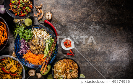 Top view composition of various Asian food in bowl Top view composition of various Asian food in bowl 49574956
