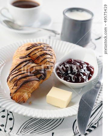 French breakfast with croissant, butter, yogurt, French breakfast with croissant, butter, yogurt, 49575419