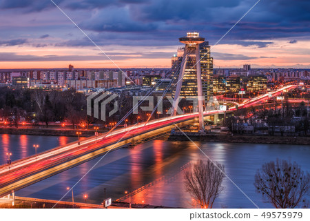 Bratislava Cityscape with New Bridge at Sunrise 49575979