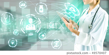 Doctor with Medical Healthcare Graphic in Hospital Doctor with Medical Healthcare Graphic in Hospital 49578407