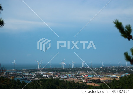 Town, wind generator, sea, 49582995