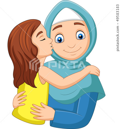 Cartoon girl kissing her mother's cheek 49583183