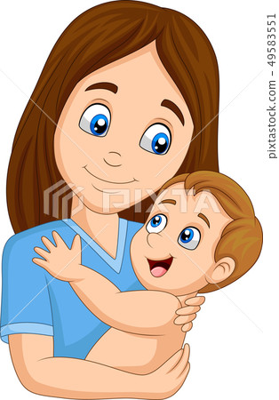 Cartoon happy mother hugging her baby 49583551