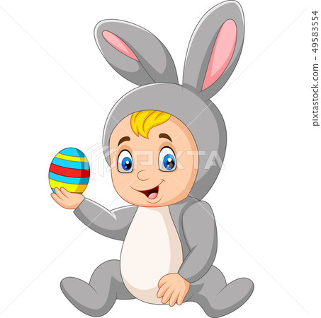 Cartoon baby boy wearing Easter bunny costume hold 49583554