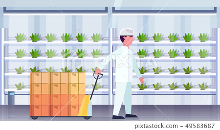 man agriculture engineer in uniform carrying pallet truck with cardboard boxes modern organic 49583687