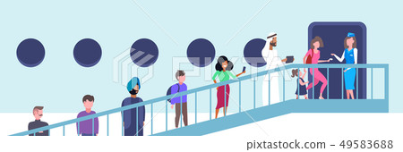 stewardess welcoming mix race passengers at aircraft ladder flight attendant in uniform near 49583688