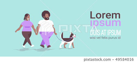 fat obese couple walking with husky dog african american overweight man woman having fun obesity 49584016