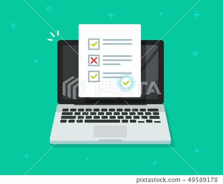 Online form survey on laptop vector, computer quiz exam paper sheet document, on-line questionnaire Online form survey on laptop vector, computer quiz exam paper sheet document, on-line questionnaire 49589178