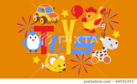 Clockwork bright mechanic children toys shop banner, brochure vector illustration. Mechanical windup 49591453