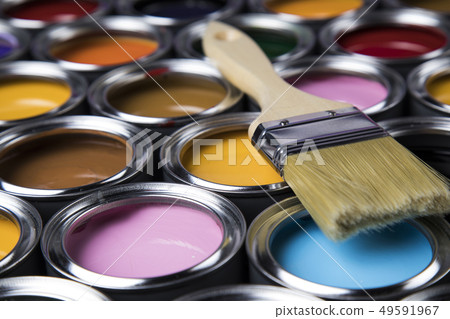 Tin cans with paint and brushes 49591967