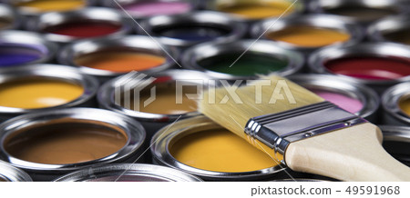 Tin metal cans with color paint and paintbrush Tin metal cans with color paint and paintbrush 49591968