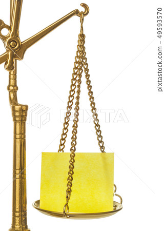 Golden weight balance scale with blank paper Golden weight balance scale with blank paper 49593570