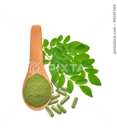 moringa leaf and powder capsule on white moringa leaf and powder capsule on white 49595564
