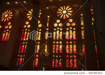 Barcelona, Spain, Fragment of stained glass in the Sagrada Familia temple, famous architect Antoni Barcelona, Spain, Fragment of stained glass in the Sagrada Familia temple, famous architect Antoni 49596362
