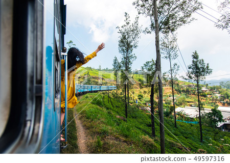 Woman enjoying train ride through Sri Lanka tea Woman enjoying train ride through Sri Lanka tea 49597316