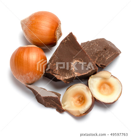 Dark or milk organic chocolate pieces ant hazelnuts isolated on white background Dark or milk organic chocolate pieces ant hazelnuts isolated on white background 49597763