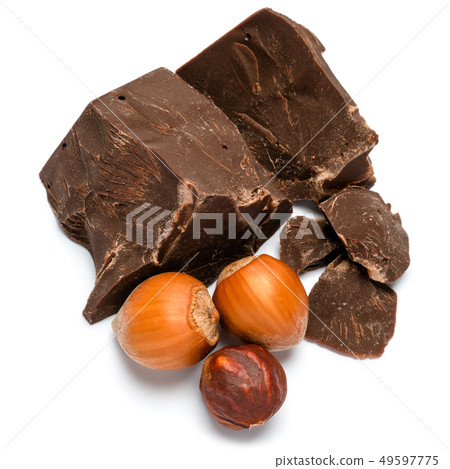 Dark or milk organic chocolate pieces ant hazelnuts isolated on white background Dark or milk organic chocolate pieces ant hazelnuts isolated on white background 49597775
