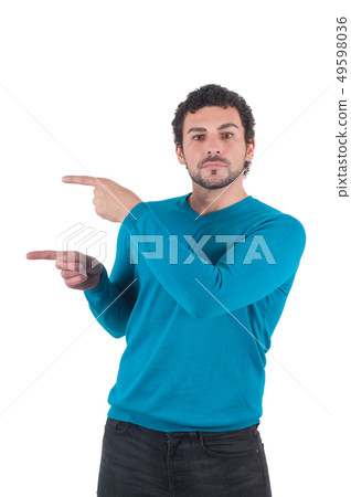 Guy in blue pointing to somewhere Guy in blue pointing to somewhere 49598036