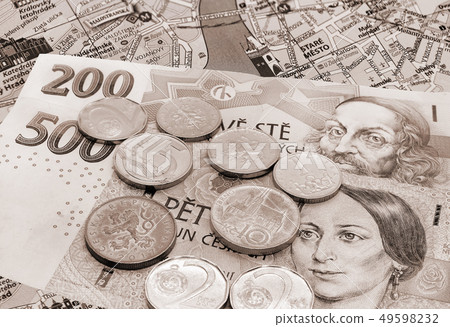 Czech money on Prague map with landmarks Czech money on Prague map with landmarks 49598232