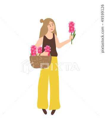 Woman Holding Hyacinth Flowers in Woven Basket Woman Holding Hyacinth Flowers in Woven Basket 49599126