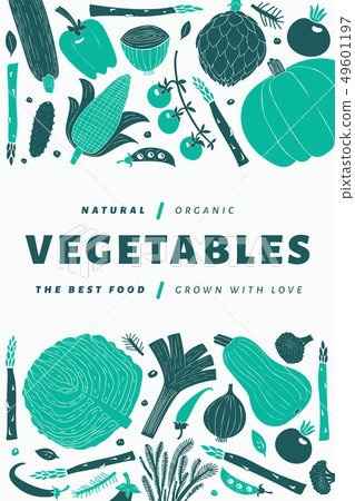 Fun hand drawn vegetables design template. Food 49601197