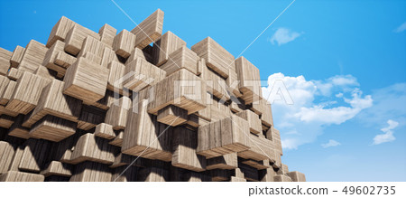 Bright and detailed panoramic landscape: geometric wooden stacked squares (3D CG rendering digital illustration) Bright and detailed panoramic landscape: geometric wooden stacked squares (3D CG rendering digital illustration) 49602735