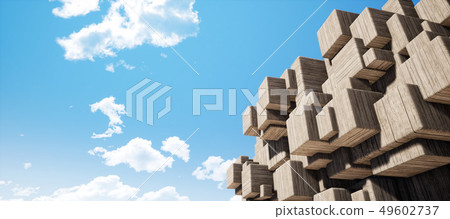 Bright and detailed panoramic landscape: geometric wooden stacked squares (3D CG rendering digital illustration) 49602737