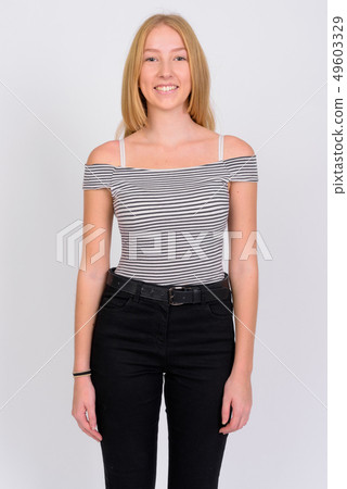 Portrait of happy young beautiful blonde teenage girl smiling 49603329