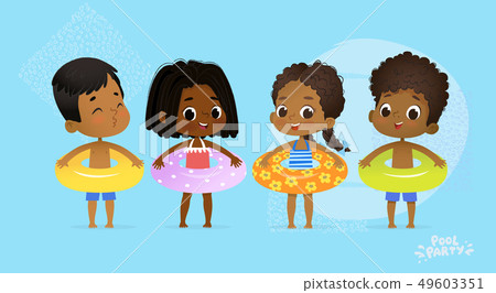Happy Multicultural Friend Swimming Pool Party. International Character with Blue Yellow and Orange Happy Multicultural Friend Swimming Pool Party. International Character with Blue Yellow and Orange 49603351