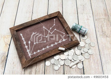 Chalkboard charts and Russian money. Business Chalkboard charts and Russian money. Business 49603458