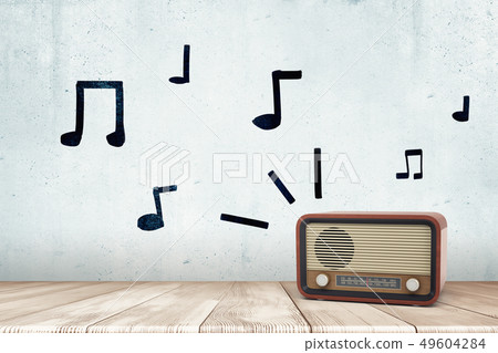 3d rendering of a retro radio receiver on a wooden surface and hand-drawn musical notes on the wall. 3d rendering of a retro radio receiver on a wooden surface and hand-drawn musical notes on the wall. 49604284