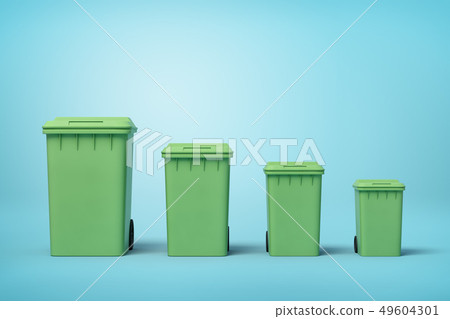 3d rendering of four green trash cans in a row according to size from biggest to smallest on light 3d rendering of four green trash cans in a row according to size from biggest to smallest on light 49604301