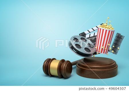 3d rendering of film reel, popcorn bucket, and clapperboard suspended in air above sound block with 3d rendering of film reel, popcorn bucket, and clapperboard suspended in air above sound block with 49604307