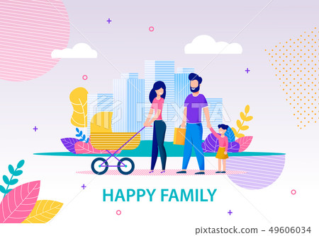 Happy Family Walking in City Flat Banner Template 49606034