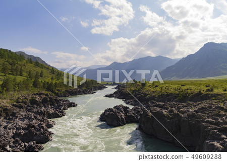Katun river stream in Altai mointain. Katun river stream in Altai mointain. 49609288