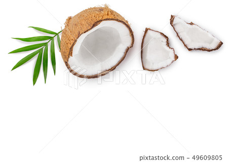coconut with leaves isolated on white background with copy space for your text. Top view. Flat lay 49609805