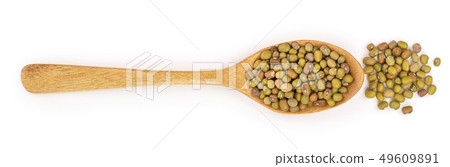 Mung beans in a wooden spoon isolated on white background. Top view 49609891