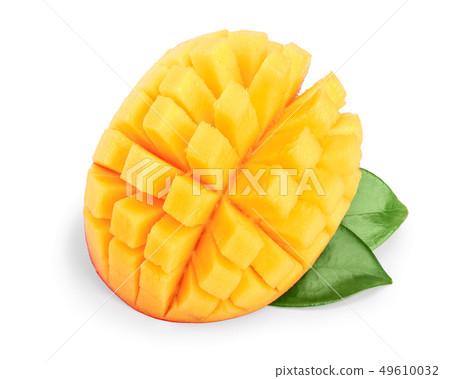 Mango fruit half with leaves isolated on white background close-up Mango fruit half with leaves isolated on white background close-up 49610032