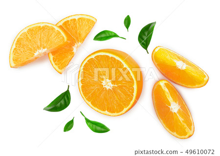 orange with leaves isolated on white background. Top view. Flat lay orange with leaves isolated on white background. Top view. Flat lay 49610072