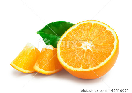 orange fruit half with leaves isolated on white background orange fruit half with leaves isolated on white background 49610073